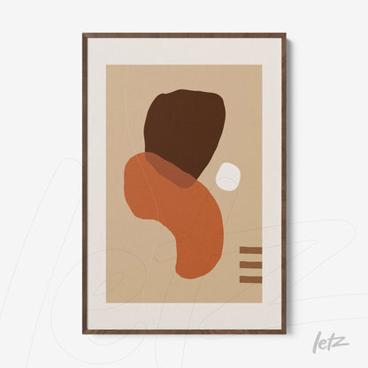 quadro com arte abstrata em tons terrosos com formas orgânicas e moldura de madeira escura