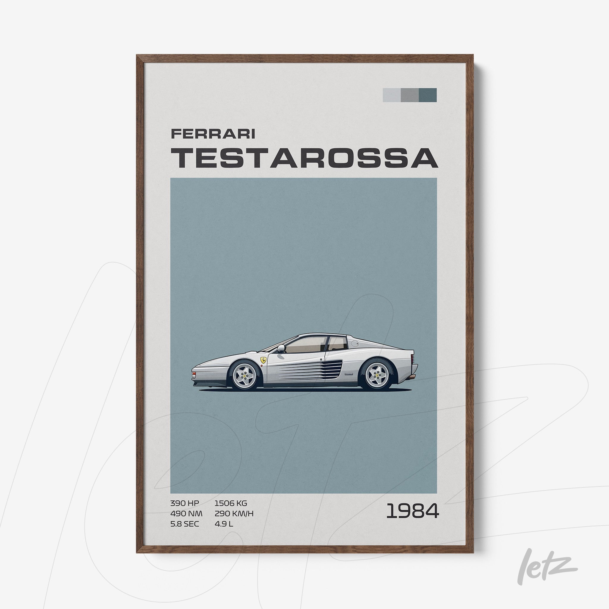 quadro com arte digital da Ferrari Testarossa em moldura de madeira escura