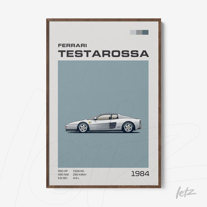 quadro com arte digital da Ferrari Testarossa em moldura de madeira escura