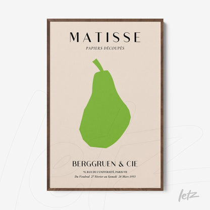 quadro com arte minimalista de uma pêra em fundo claro, moldura de madeira escura