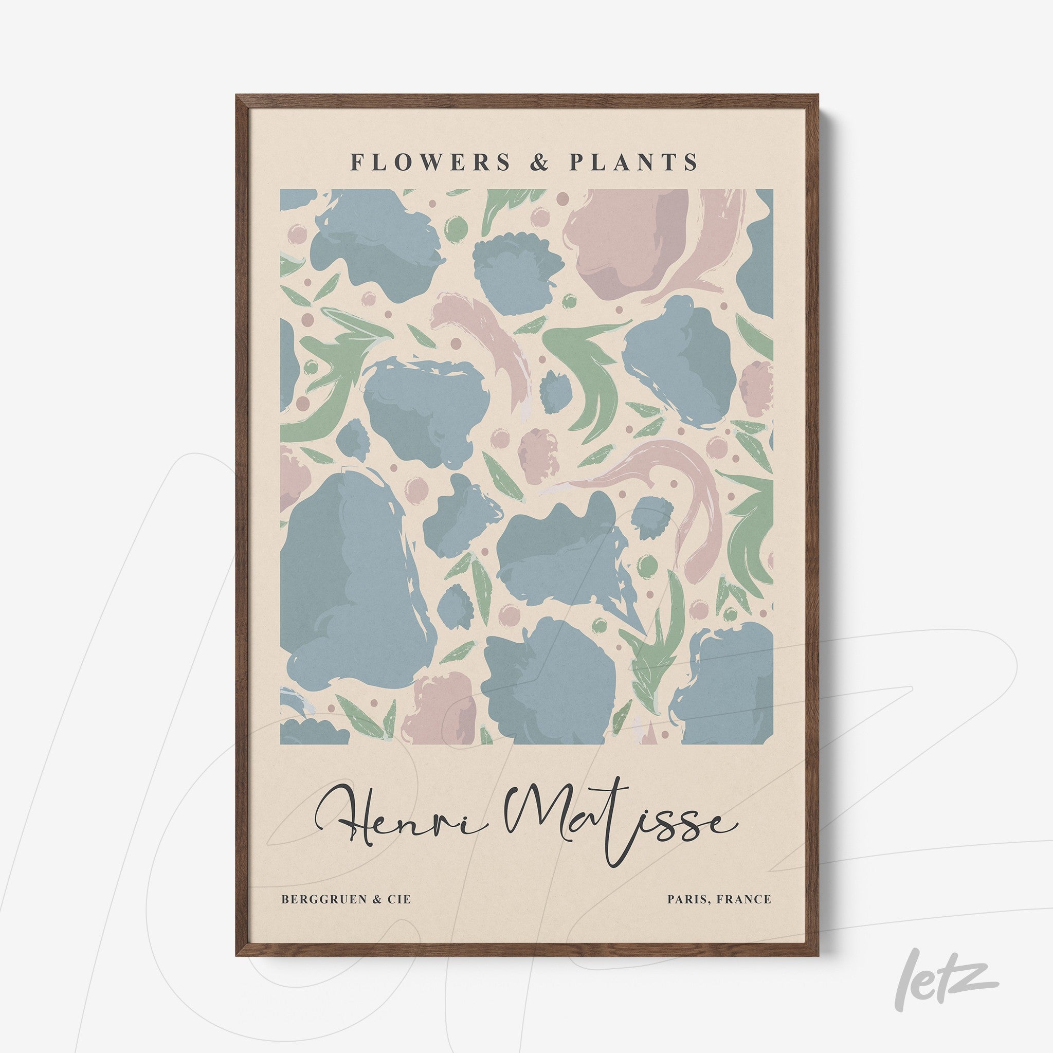 quadro com design de flores e plantas em tons pastel, moldura de madeira escura