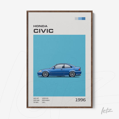 quadro com arte ilustrativa de um Honda Civic 1996 em fundo azul, emoldurado com madeira escura