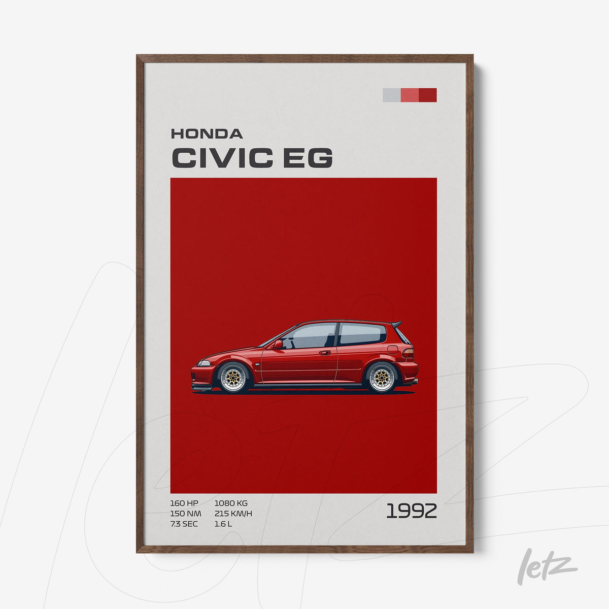 quadro com ilustração digital de um Honda Civic EG vermelho em fundo vermelho, moldura de madeira escura com detalhes em branco e azul
