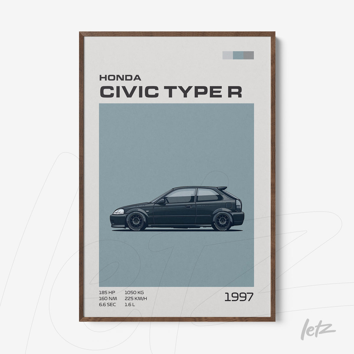 quadro com ilustração do Honda Civic Type R de 1997 em moldura de madeira escura com fundo azul
