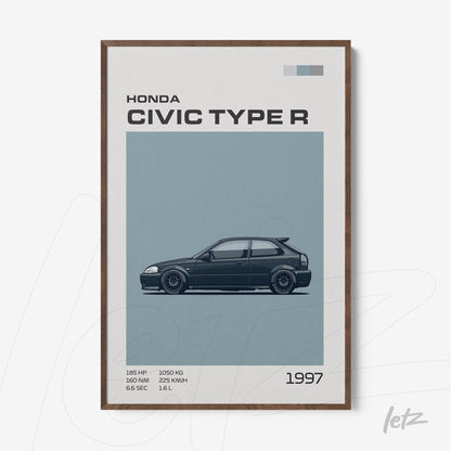 quadro com ilustração do Honda Civic Type R de 1997 em moldura de madeira escura com fundo azul
