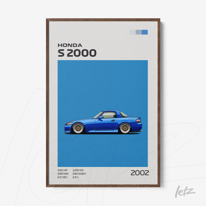 quadro com ilustração estilizada do carro Honda S2000 em fundo azul vibrante e moldura de madeira escura