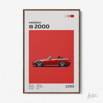 quadro emoldurado com ilustração de um Honda S2000 vermelho sobre fundo vermelho vibrante, destaque para detalhes técnicos como potência e peso