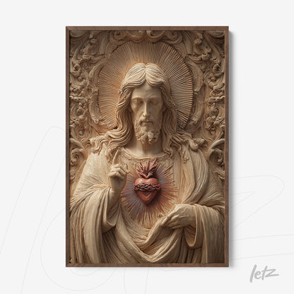 quadro com escultura em relevo de Jesus Cristo com coração sagrado em moldura de madeira clara
