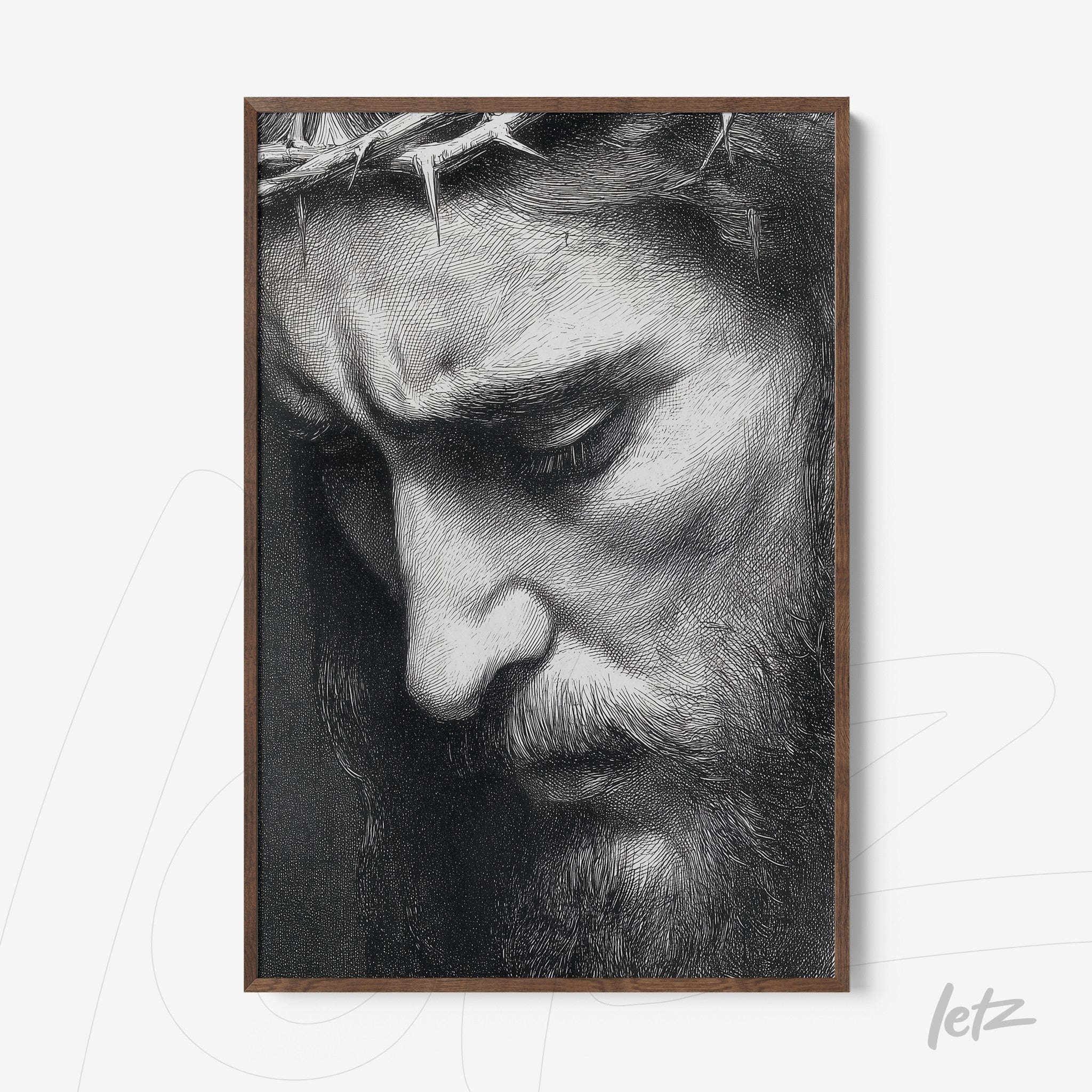 quadro com retrato detalhado de rosto masculino em preto e branco, com expressão melancólica e moldura madeira escura