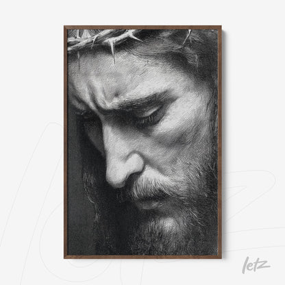 quadro com retrato detalhado de rosto masculino em preto e branco, com expressão melancólica e moldura madeira escura