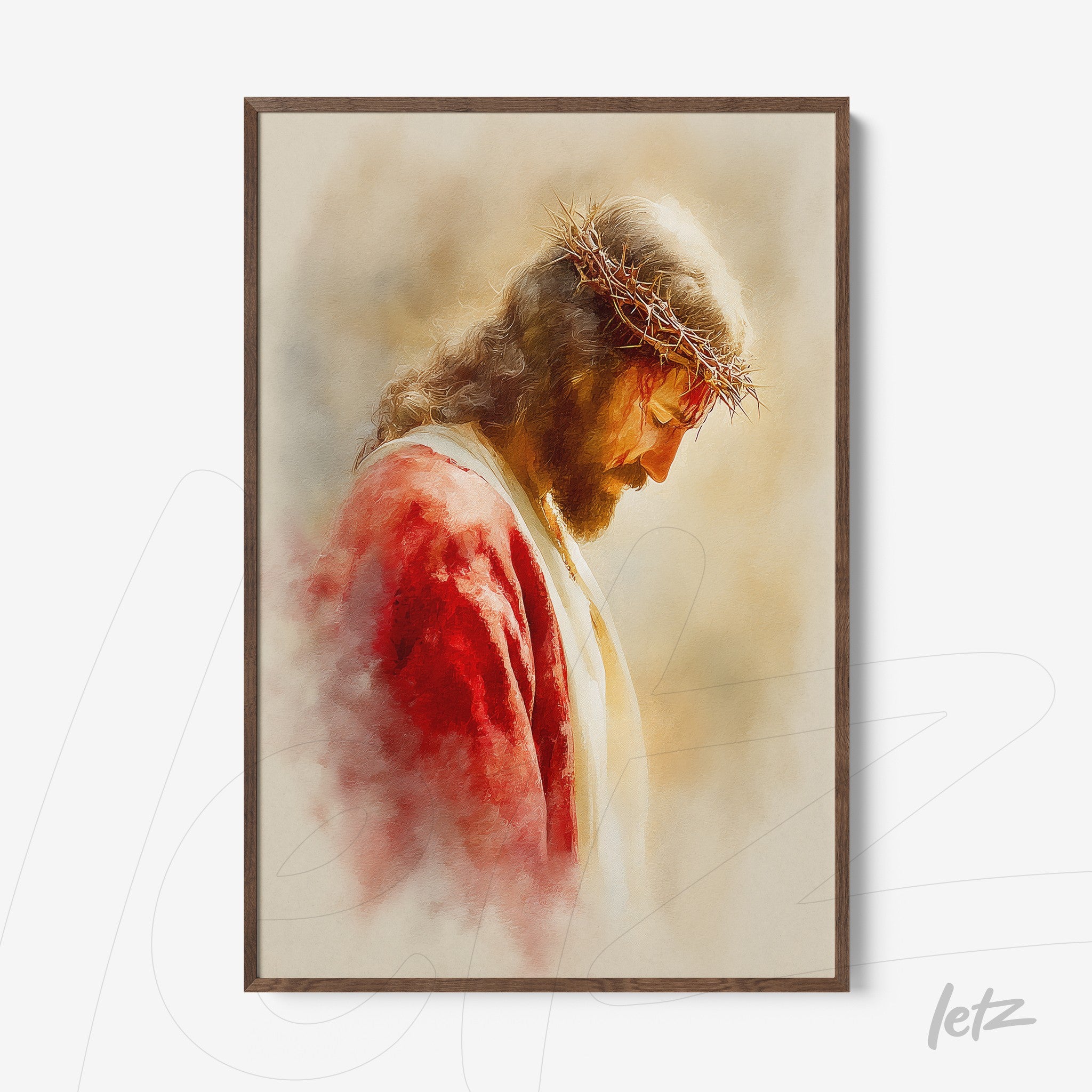 quadro com arte religiosa de Jesus Cristo de perfil, com coroa de espinhos e moldura de madeira escura