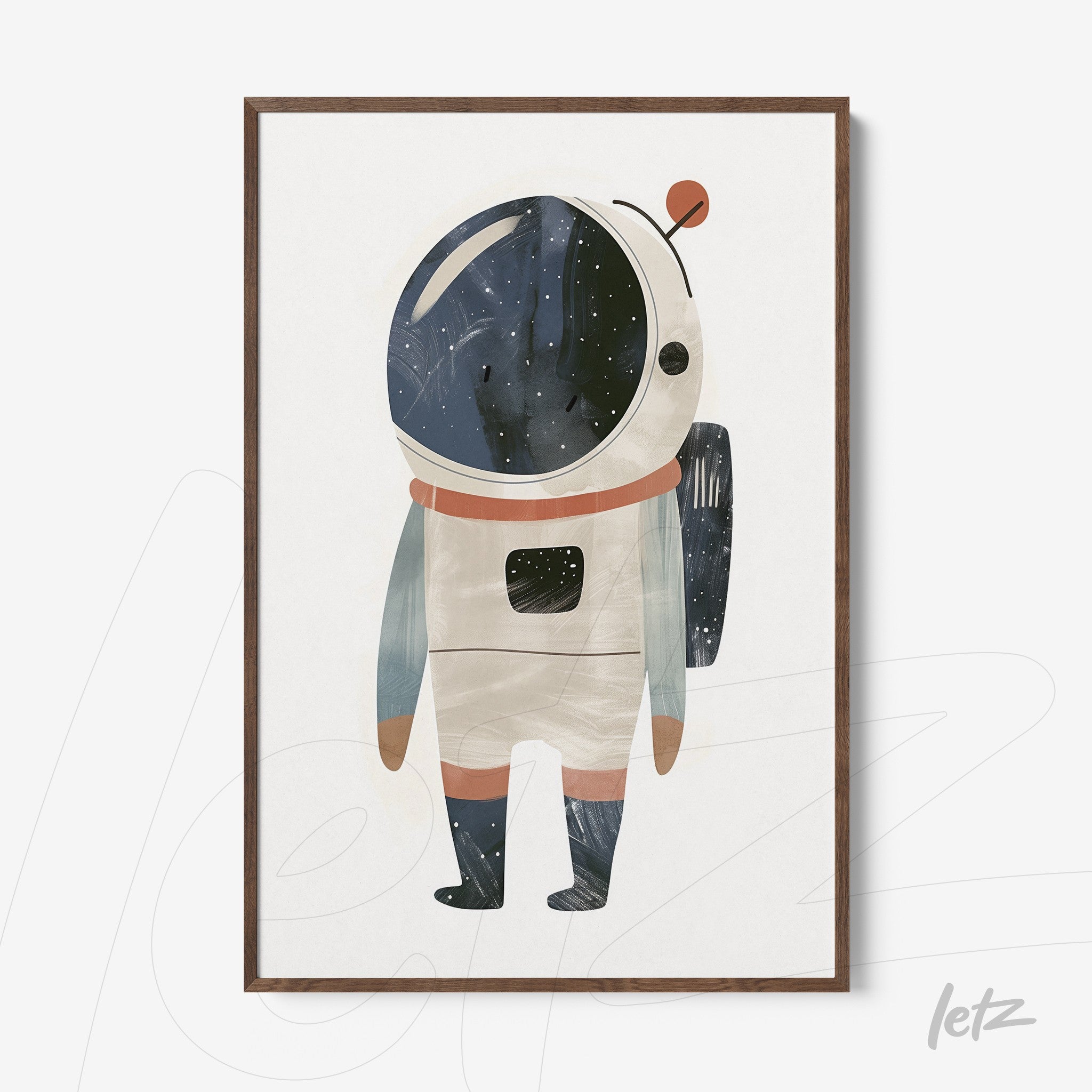 quadro com ilustração de astronauta colorido em moldura marrom clara