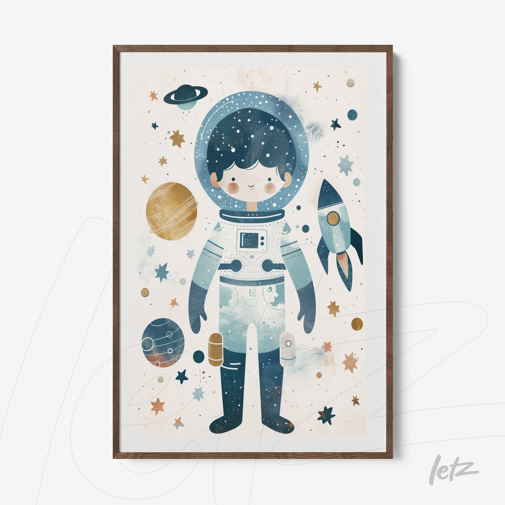 quadro com ilustração infantil de astronauta em fundo espacial, moldura de madeira clara