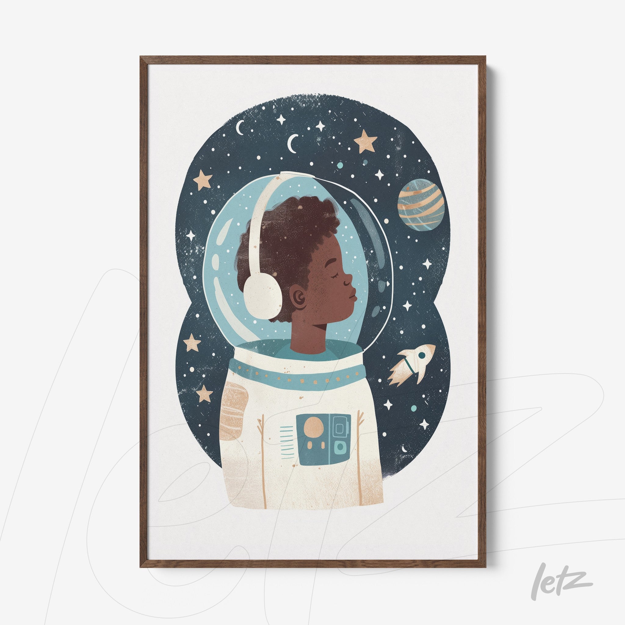 quadro com ilustração de menino astronauta com capacete em fundo estrelado