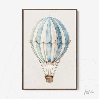 quadro com ilustração de balão de ar quente estilo aquarela em moldura de madeira clara