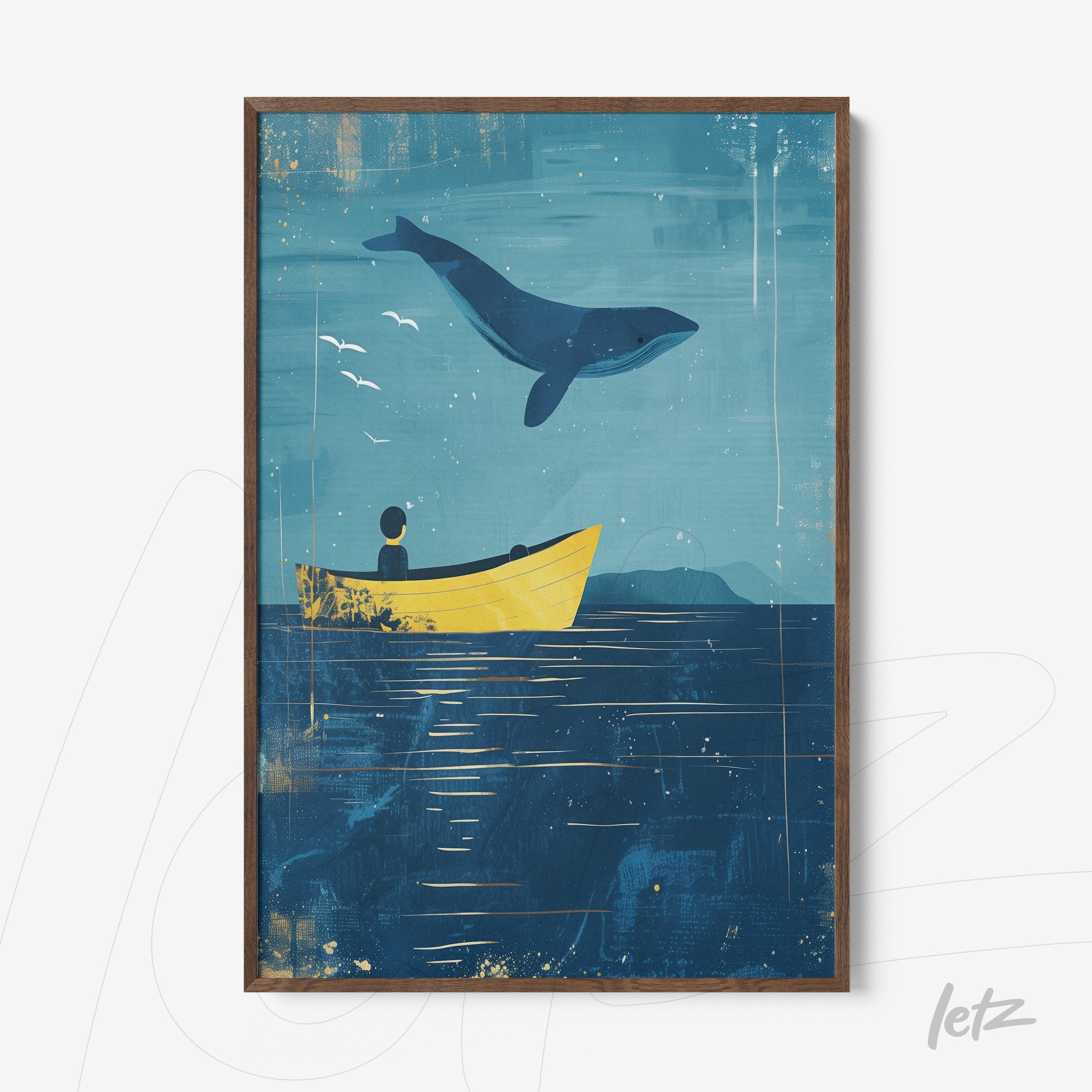 quadro com ilustração de uma criança em um barco amarelo sob um céu azul com uma baleia saltando ao fundo, moldura marrom escura