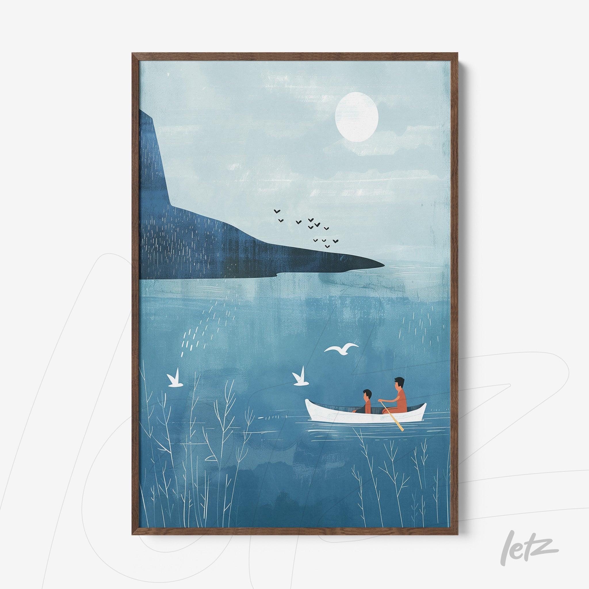quadro com ilustração em estilo minimalista de um casal em um pequeno barco no lago, com montanhas ao fundo e céu azul claro