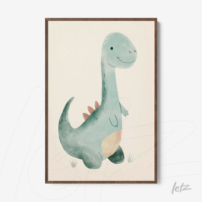 quadro com ilustração de dinossauro estilo aquarela em moldura de madeira escura