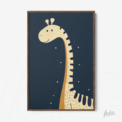 quadro com ilustração de uma girafa em fundo azul escuro e moldura de madeira clara