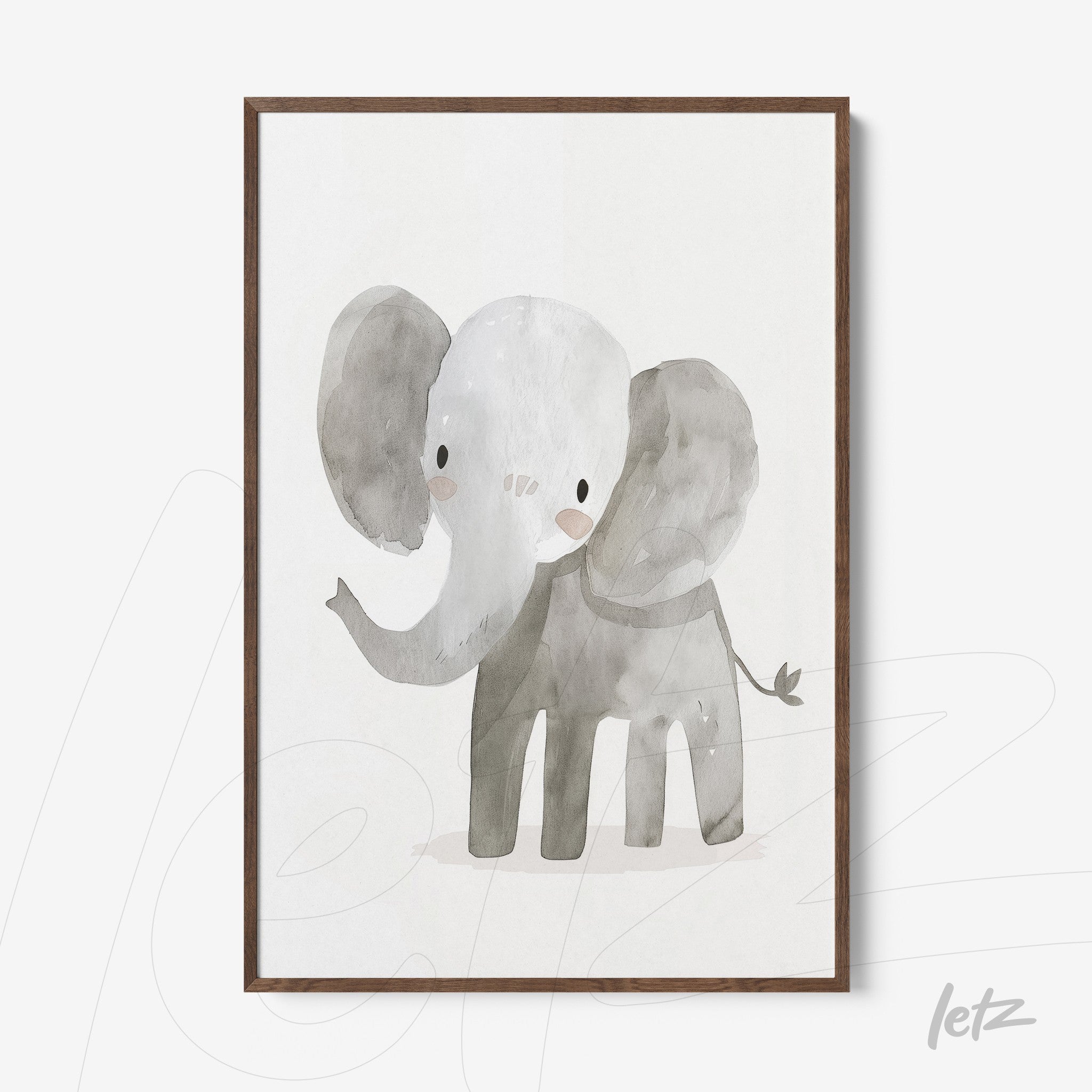 quadro com ilustração fofa de um elefante em tons de cinza em moldura de madeira escura