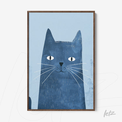 quadro com ilustração de gato azul em fundo azul claro e moldura de madeira escura