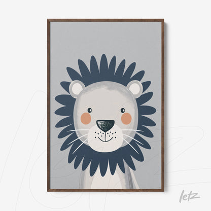 quadro com ilustração de leão fofinho em fundo cinza e moldura de madeira clara