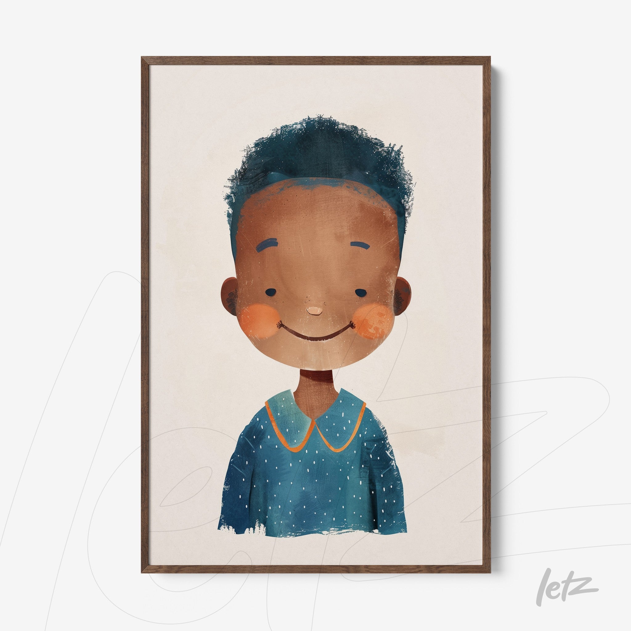 quadro com ilustração infantil de garoto sorridente com cabelo cacheado em moldura de madeira