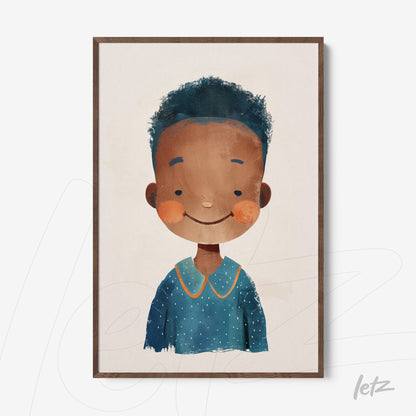 quadro com ilustração infantil de garoto sorridente com cabelo cacheado em moldura de madeira