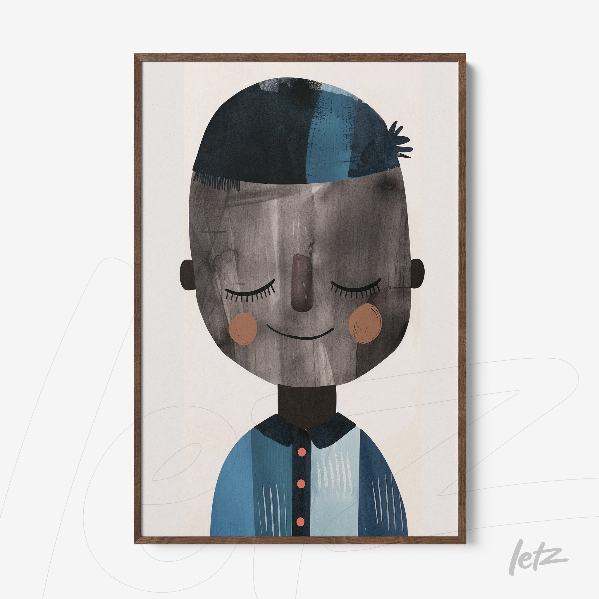 quadro com ilustração de um menino sorridente com pele escura e cabelo azul, vestido com camisa azul e botão vermelho em moldura de madeira