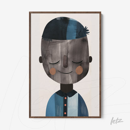 quadro com ilustração de um menino sorridente com pele escura e cabelo azul, vestido com camisa azul e botão vermelho em moldura de madeira