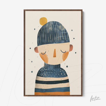 quadro ilustrativo de personagem com cabelo listrado e gorro azul, moldura de madeira escura