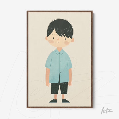 quadro com ilustração infantil de menino com camiseta azul, calças pretas e cabelo preto em moldura de madeira escura