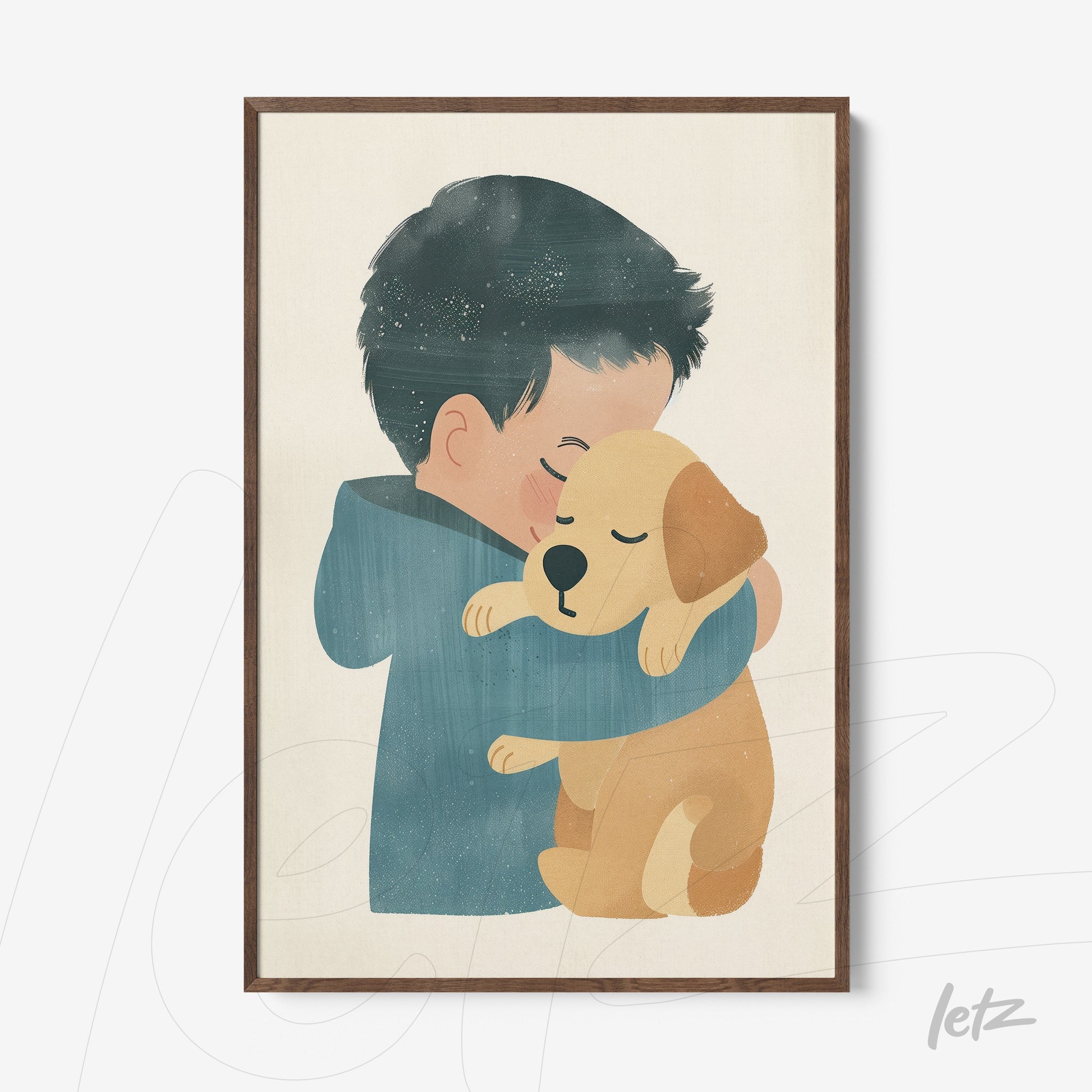 quadro com ilustração de menino abraçando cachorro em moldura de madeira escura