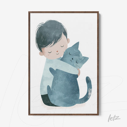 quadro com ilustração infantil de menino abraçando um gato azul em moldura de madeira clara