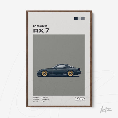 quadro com ilustração estilizada do carro Mazda RX 7 de 1992 em moldura de madeira escura
