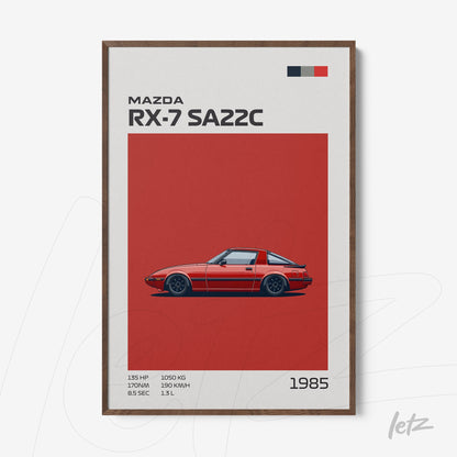 quadro com ilustração retrô do carro Mazda RX-7 SA22C em moldura de madeira escura, fundo vermelho com detalhes em branco e preto