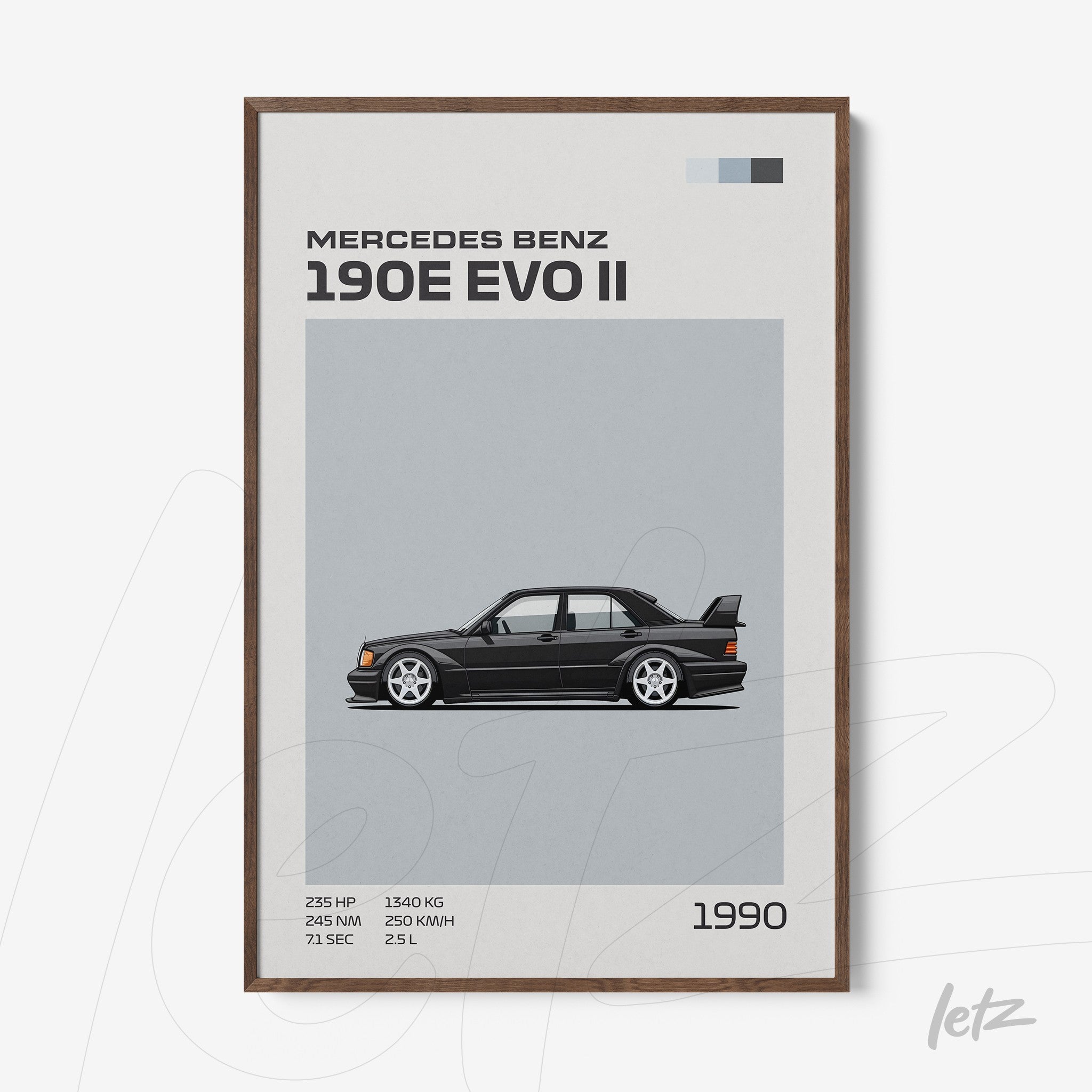 quadro com arte gráfica do carro Mercedes Benz 190E EVO II em moldura de madeira escura