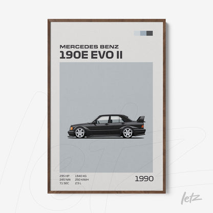 quadro com arte gráfica do carro Mercedes Benz 190E EVO II em moldura de madeira escura
