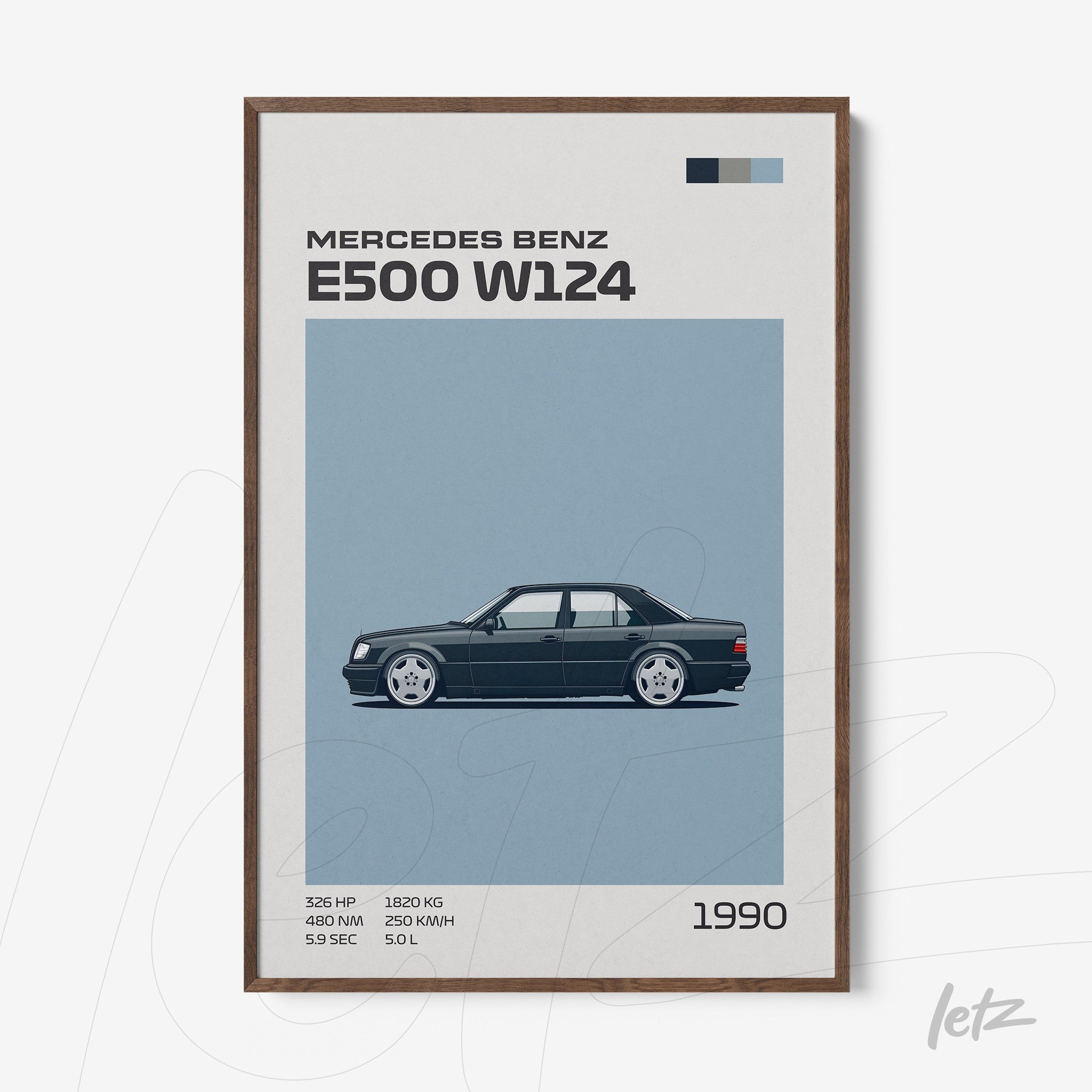 quadro com arte minimalista de um carro Mercedes Benz E500 W124 em fundo azul claro, com moldura de madeira escura