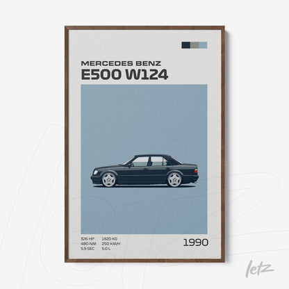 quadro com arte minimalista de um carro Mercedes Benz E500 W124 em fundo azul claro, com moldura de madeira escura