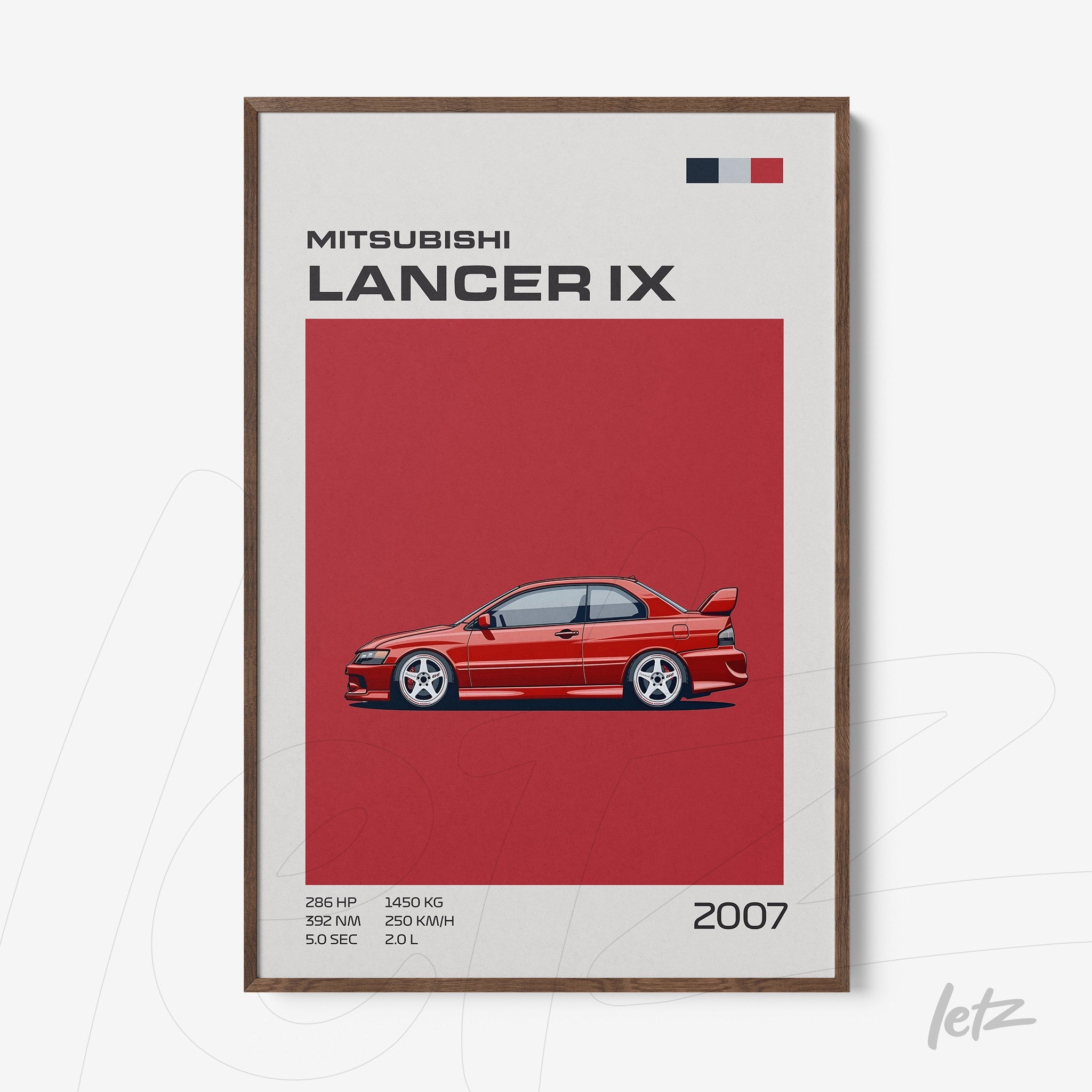 quadro com ilustração do carro Mitsubishi Lancer IX em fundo vermelho com moldura marrom