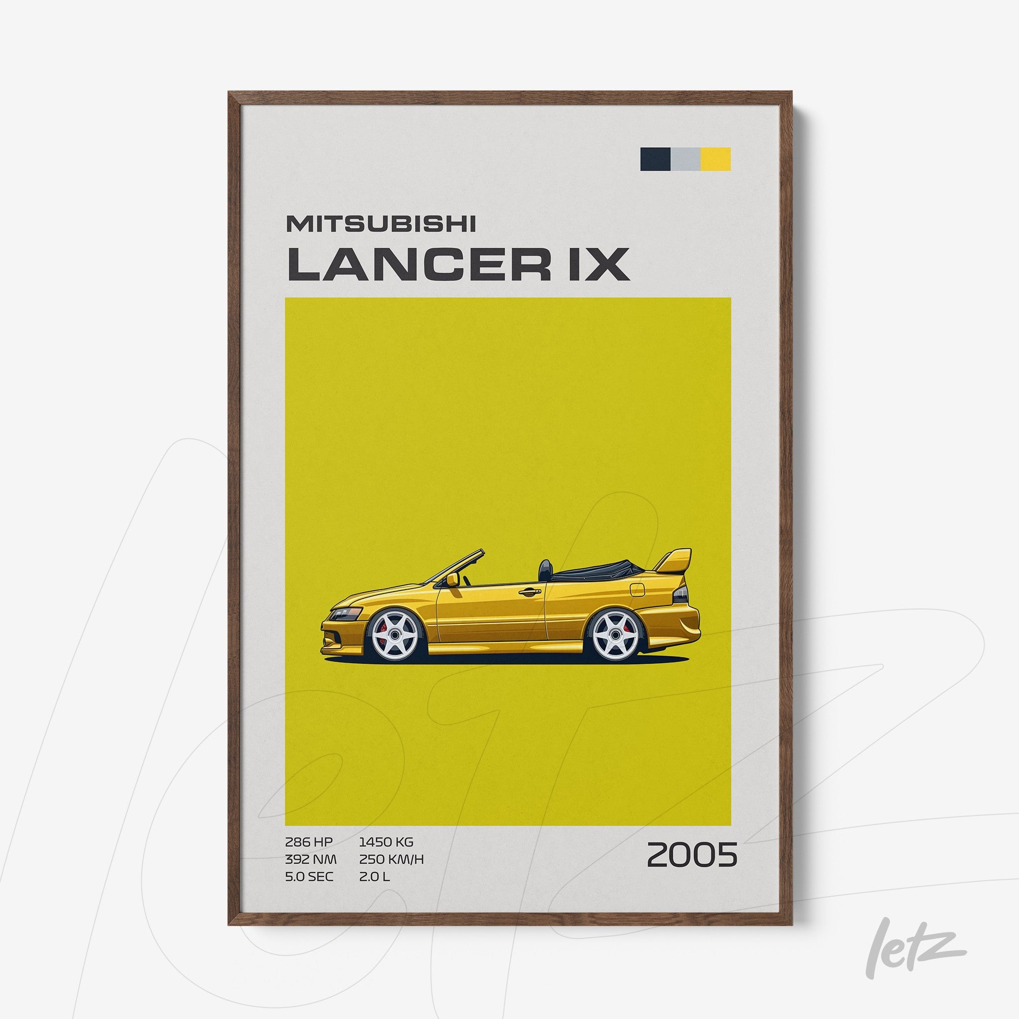 quadro com ilustração do Mitsubishi Lancer IX em fundo amarelo com moldura marrom