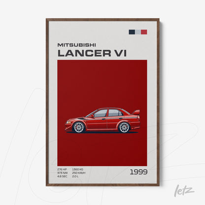quadro decorativo com ilustração do carro Mitsubishi Lancer VI, fundo vermelho e moldura de madeira escura