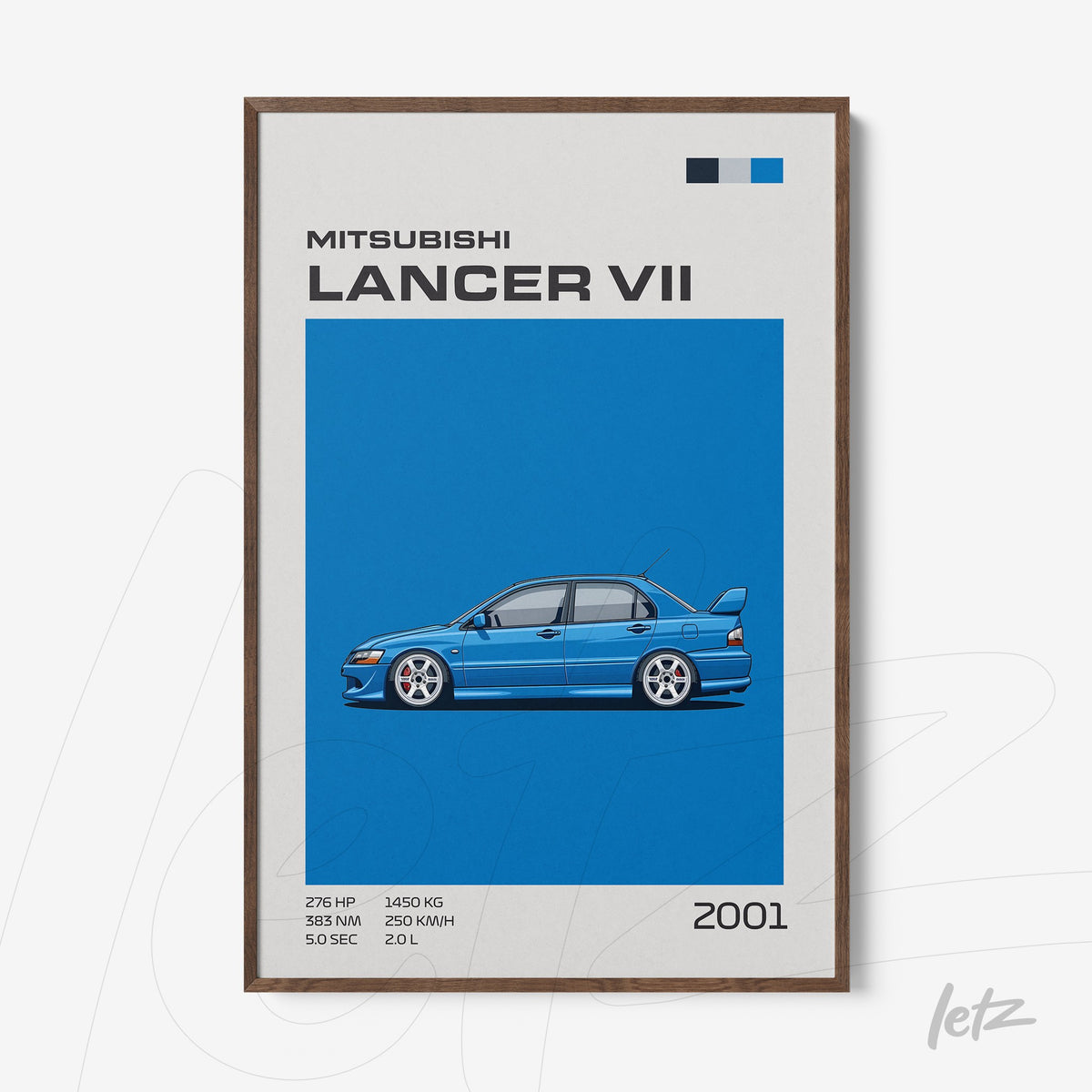 quadro com arte digital do Mitsubishi Lancer VII em fundo azul vibrante e moldura marrom