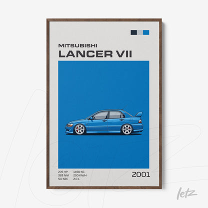 quadro com arte digital do Mitsubishi Lancer VII em fundo azul vibrante e moldura marrom