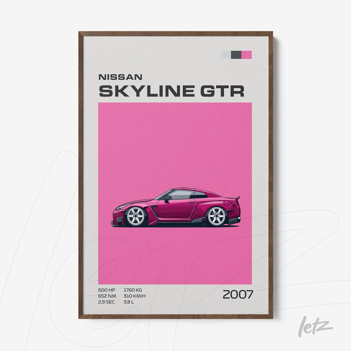 quadro com ilustração do carro Nissan Skyline GTR em fundo rosa vibrante e moldura marrom