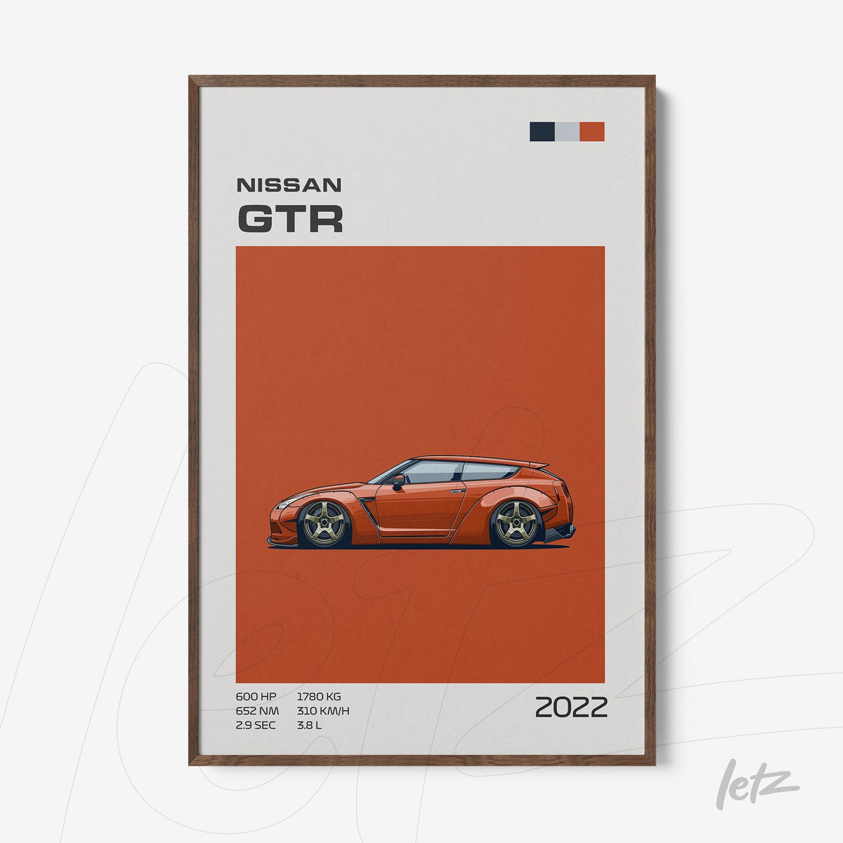 quadro emoldurado com arte digital de um carro esportivo Nissan GTR em fundo laranja