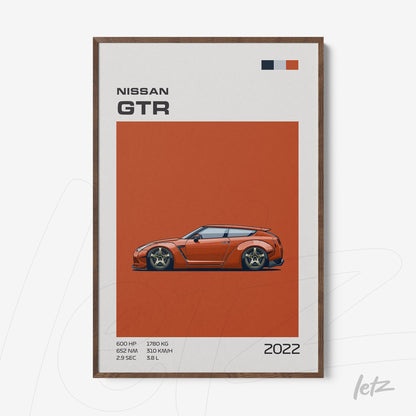 quadro emoldurado com arte digital de um carro esportivo Nissan GTR em fundo laranja