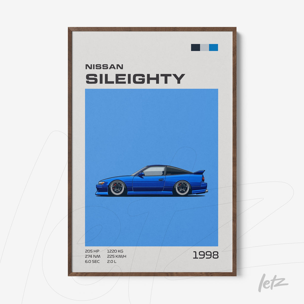 quadro com arte digital de um carro Nissan Sileighty em fundo azul e moldura de madeira escura