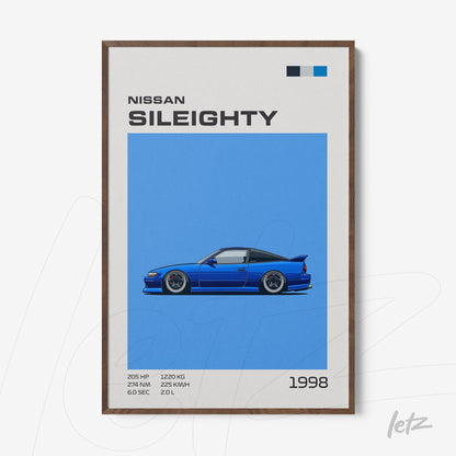 quadro com arte digital de um carro Nissan Sileighty em fundo azul e moldura de madeira escura
